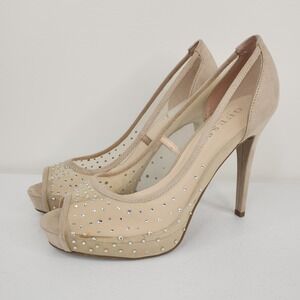 GUESS Nude Mesh Peep Toe Platform Stiletto Heels 10 Rhinestones Coquette Fairy